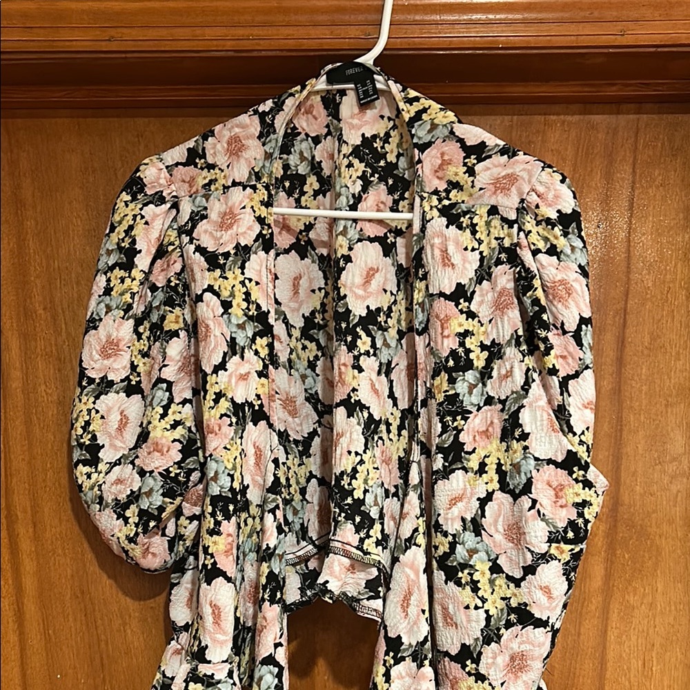 Forever 21 Pink and Yellow Puff Sleeve Blouse with Smocked Tie Front